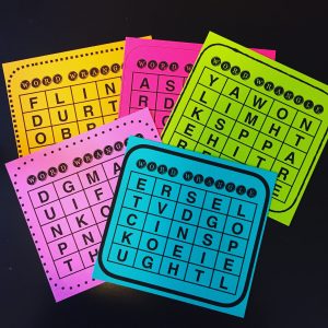 5 multicolored word grids, game boards